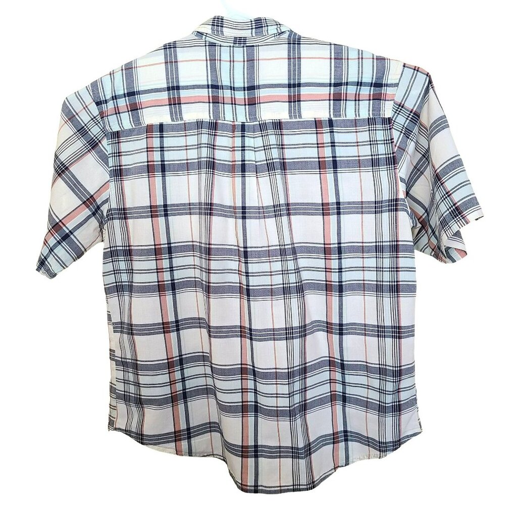Woolrich Mens XL Plaid Button Down Shirt Short Sleeve Cotton Red Blue Ivory - Picture 2 of 8